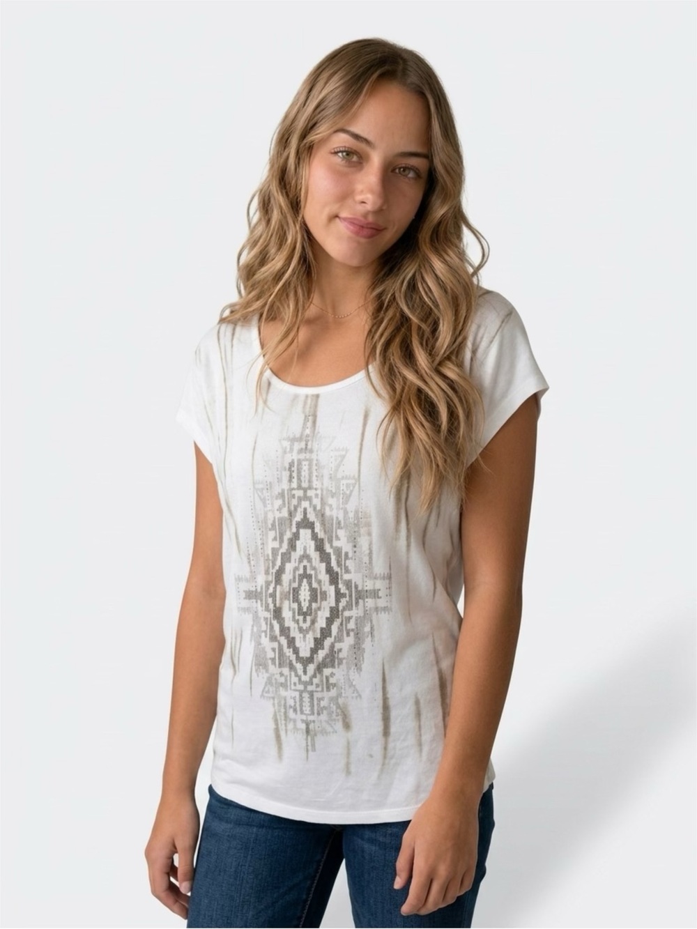 Miss Me Cream Short-Sleeve Scoop Neck Tee with Gray Aztec Graphic